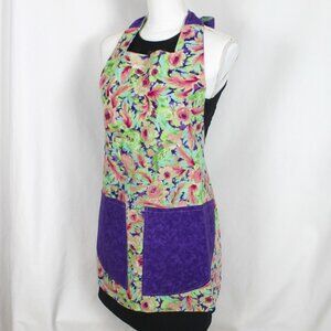 Purple & Pink Floral Adult Full Apron Handmade Reversible 2 Large Pockets Cotton